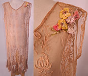 Vintage Ecru Embroidered Net Lace Silk Rosette Chemise Shift Slip Dress