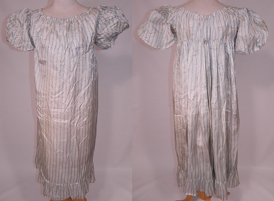 Antique Georgian Regency Era Blue & White Stripe Silk Puff Sleeve Girls Dress
This antique Regency Georgian era blue and white stripe silk puff sleeve girls dress dates from 1810-1820. 
