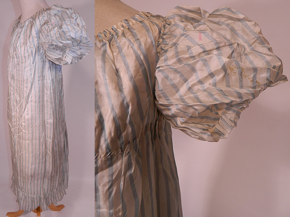 Antique Georgian Regency Era Blue & White Stripe Silk Puff Sleeve Girls Dress
It has been altered during the late 19th century with an added Victorian era white cotton batiste lace slip dress sewn inside as a lining and attached on the top, with hook closures down the back. 