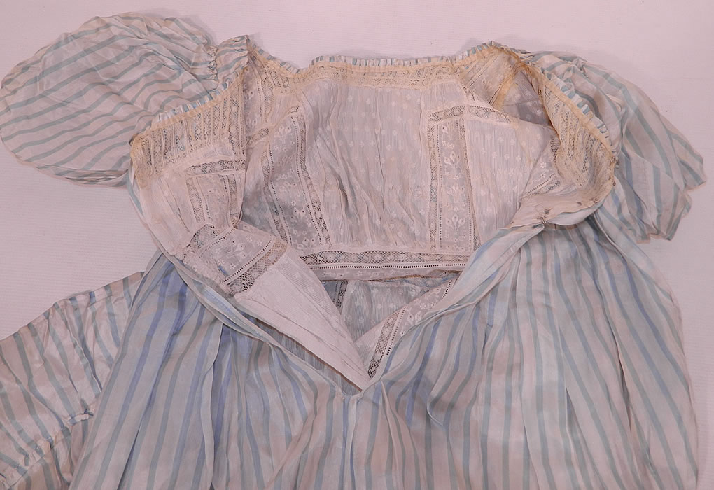 Antique Georgian Regency Era Blue & White Stripe Silk Puff Sleeve Girls Dress
This is truly a rare and early piece of Georgian era textile art! 