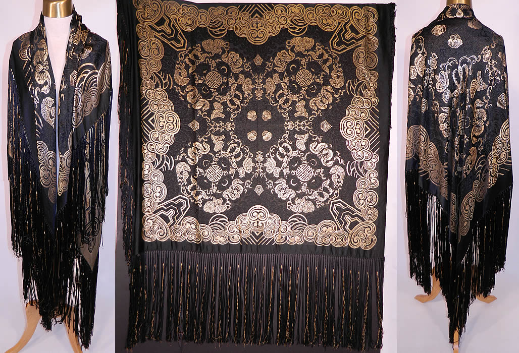 Vintage Black Silk Gold Lam&eacute; Lame Chinese Style Flapper Piano Shawl
This antique vintage black silk gold lam&eacute; Chinese style flapper piano shawl dates from the 1920s.