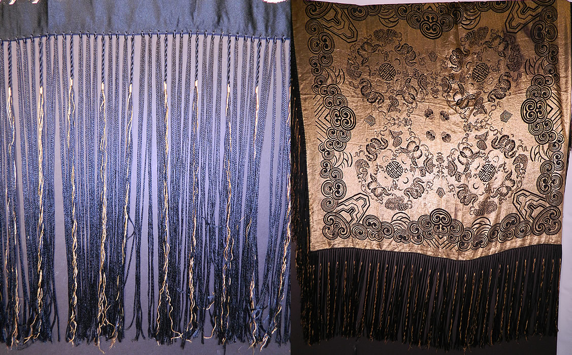 Vintage Black Silk Gold Lam&eacute; Lame Chinese Style Flapper Piano Shawl
. The shawl has a hand knotted black silk tassel fringe braided and wrapped with gold thread. 