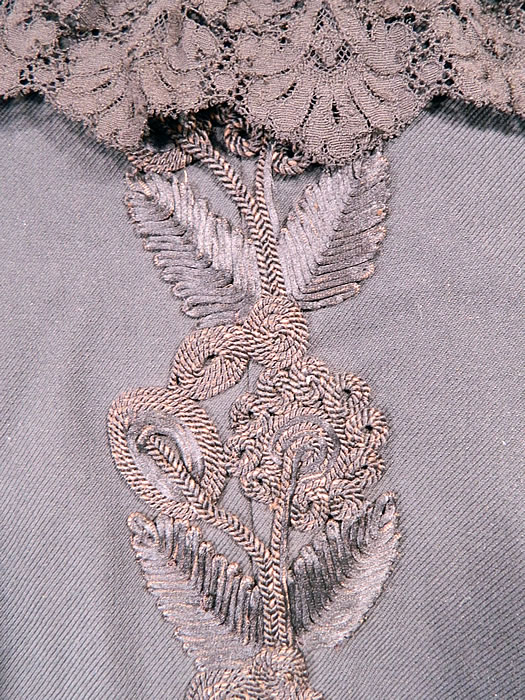 Victorian Black Wool Soutache Embroidered Winter Dolman Mantle Coat Cape
The mantle measures 40 inches long, with a 56 inch waist, 40 inch bust and 36 inches across the shoulders. It is in good condition, but the fringe is deteriorating with loose frayed silk strands. This is truly a wonderful piece of antique Victoriana wearable art! 