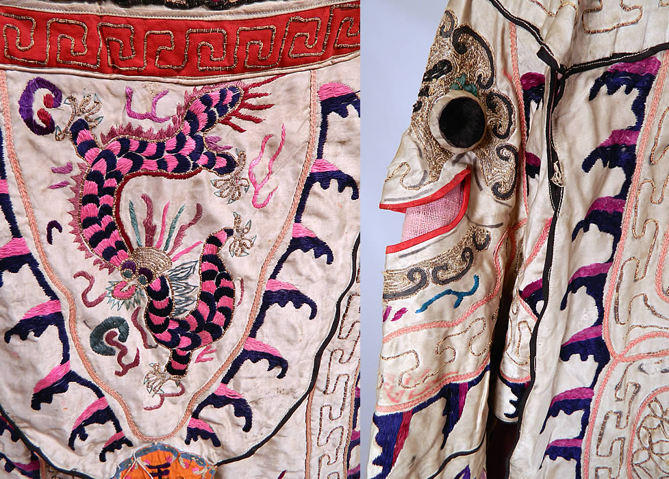 Antique Chinese Dragon Silk Embroidered Peking Opera Warrior Robe
It is made of an off white silk fabric, with colorful raised padded satin stitch hand embroidery work and gold metallic couching work.