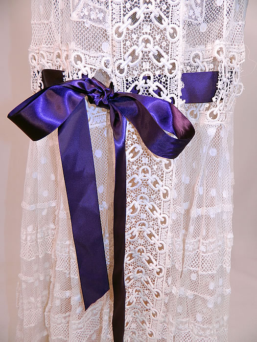 Edwardian Belle Epoque White Mixed Lace Purple Ribbon Skirt Wedding Gown Dress
It is in good condition, clean condition with only a some tiny holes in the net and a few faint small age spot stains which are hardly noticeable. This is truly an exceptional piece of antique textile lace art which could be worn as a wedding gown! 