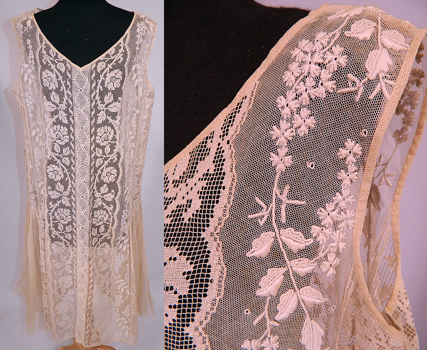 Vintage Embroidered French Knot Net Irish Crochet Filet Lace Chemise Drop Waist Dress
This vintage embroidered French knot net Irish crochet filet lace chemise drop waist dress dates from the 1920s. 
