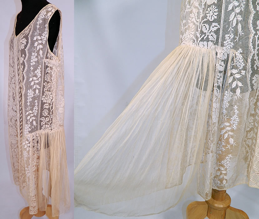 Vintage Embroidered French Knot Net Irish Crochet Filet Lace Chemise Drop Waist Dress
This lovely lace chemise shift style drop waist dress is loose fitting, sleeveless, with a V front neckline, gathered flared sheer net side skirt panels and is sheernecause it is unlined. 