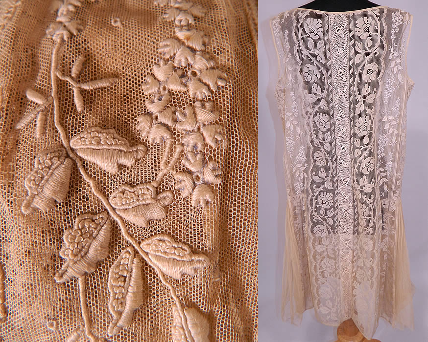 Vintage Embroidered French Knot Net Irish Crochet Filet Lace Chemise Drop Waist Dress
The dress measures 41 inches long, with 42 inch hips, a 40 inch waist and 40 inch bust. It is in good condition. This is truly an amazingly beautiful piece of wearable lace art! 
