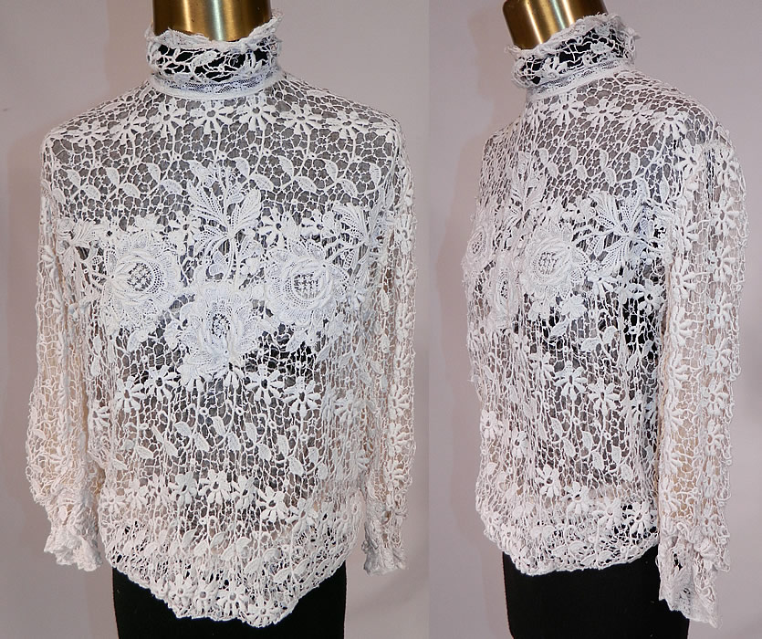 Edwardian White Point de Venise Needle Lace Applique Blouse Shirt Top
This antique Edwardian era white Point de Venise needle lace applique blouse shirt top dates from 1905. It is made of a white Point de Venise needle lace with scrolling flowers, leaves, buttonholed brides and floral lace appliques on the front