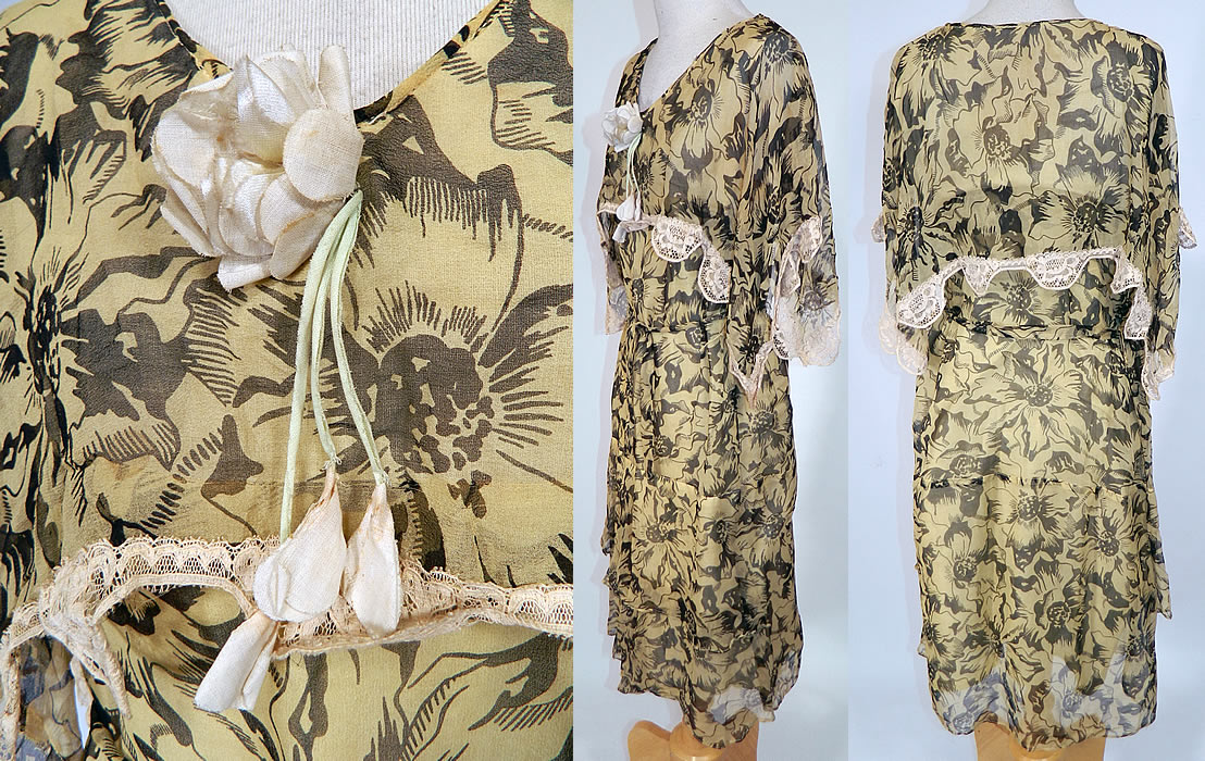Vintage Yellow & Black Floral Print Silk Chiffon Shawl Collar Belted Dress
This stunning summer dress is loose fitting, with a drop waist, large ruffle shawl collar sleeveless top, matching fabric tie sash belt, layered ruffle skirt and is fully lined with a built in cotton slip lining sewn inside.