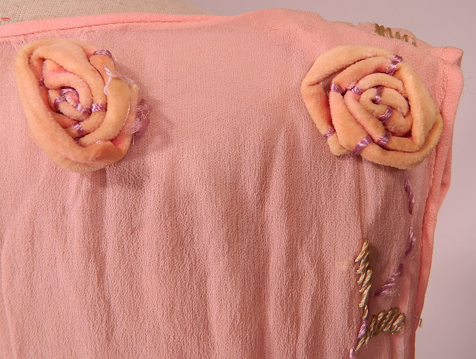 Vintage Pink Silk Chiffon Velvet Rosette Flower Trim Open Side Tunic Flapper Dress
It is in good condition, with only a few faint tiny age spot stains on the top and some fade discoloration on the rosette flowers (see close-ups). This is truly a wonderful piece of wearable art! 