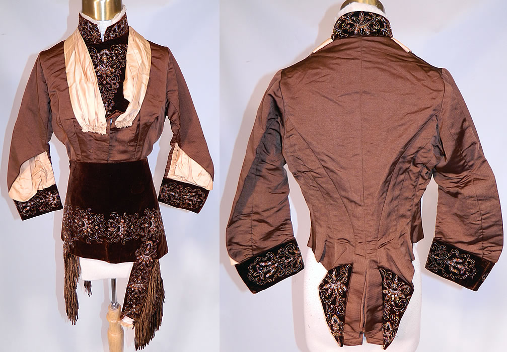 Victorian Brown Silk Velvet Bronze Beaded Bodice & Skirt Fabric Remnant Trim
This antique Victorian era brown silk velvet bronze beaded bodice and skirt fabric remnant trim dates from the 1880s