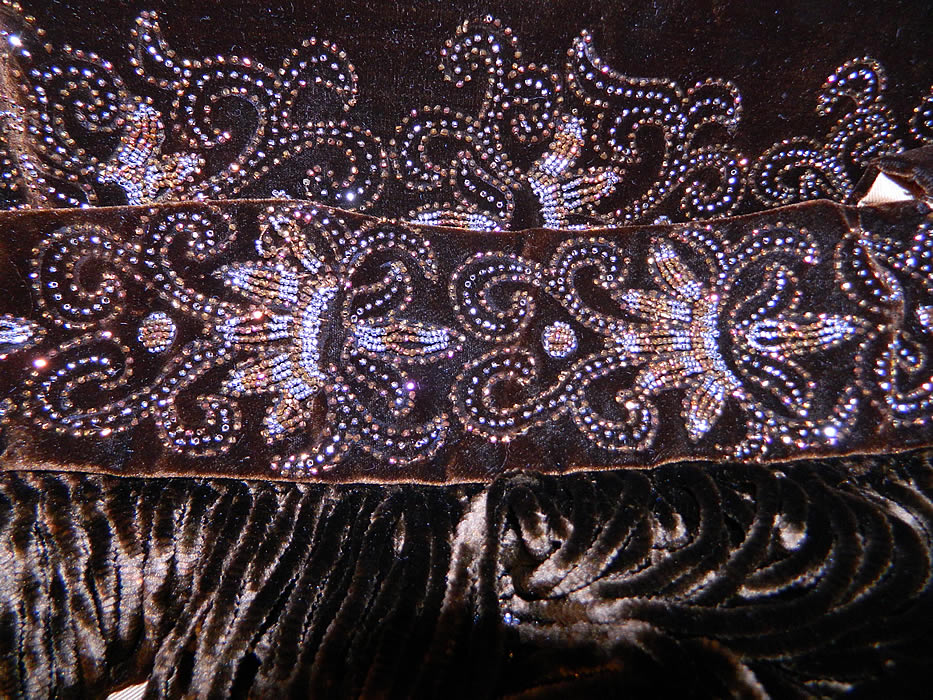 Victorian Brown Silk Velvet Bronze Beaded Bodice & Skirt Fabric Remnant Trim
The fabric panel measures 40 inches long and 9 1/2" to 12" wide. 