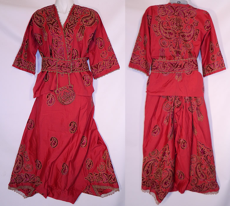 Ottoman Turkish Tugra Red Silk Gold Embroidered Jacket Harem Pant Belted Purse Outfit
This vintage Ottoman Turkish Tugra red silk gold embroidered jacket, harem pant, belted purse outfit dates from 1920s.