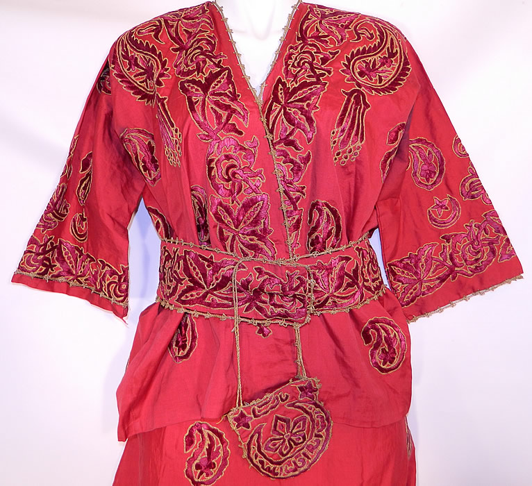 Ottoman Turkish Tugra Red Silk Gold Embroidered Jacket Harem Pant Belted Purse Outfit
It is made of a dark red cotton fabric, with red silk and gold metallic threads done in tambour chain stitch embroidery work.