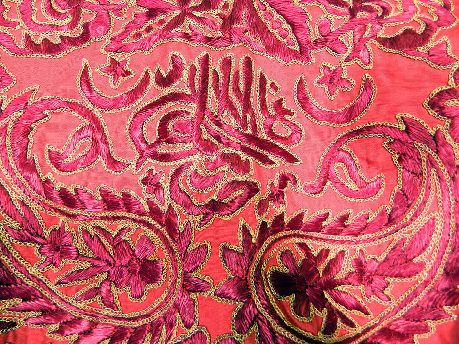 Ottoman Turkish Tugra Red Silk Gold Embroidered Jacket Harem Pant Belted Purse Outfit

There are matching fabric loose fitting harem pants with gold lace trim leg cuffs, a side slit pocket opening and drawstring waistband. The pants measure 36 inches long with an adjustable up to 72 inch waist.