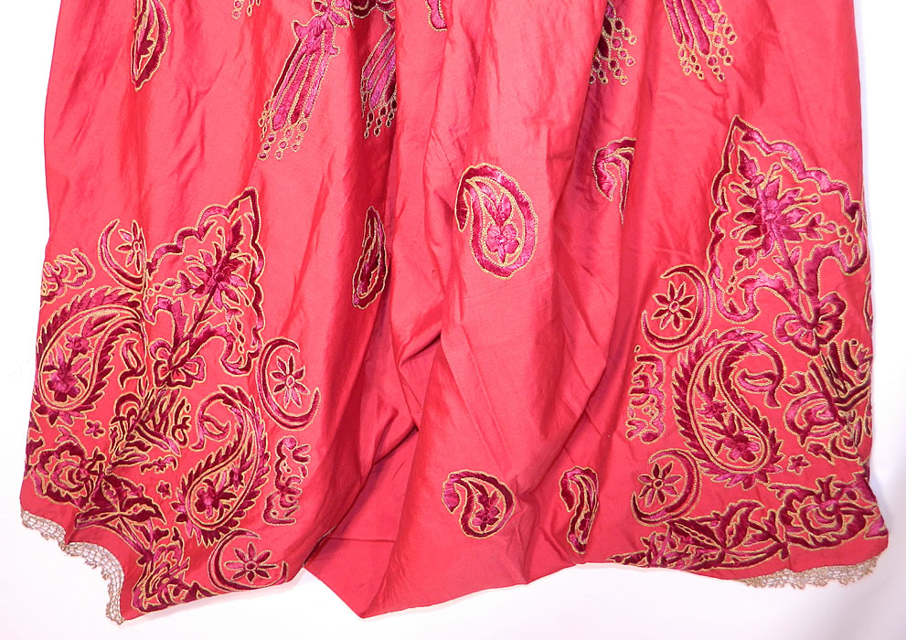 Ottoman Turkish Tugra Red Silk Gold Embroidered Jacket Harem Pant Belted Purse Outfit.
The outfit is in good condition, with only some slight underarm discoloration on the jacket and a tiny fray on the back neck. This is truly a beautiful one of a kind piece of antique Turkish textile art! 
