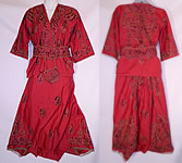 Ottoman Turkish Tugra Red Silk Gold Embroidered Jacket Harem Pant Belted Purse Outfit
