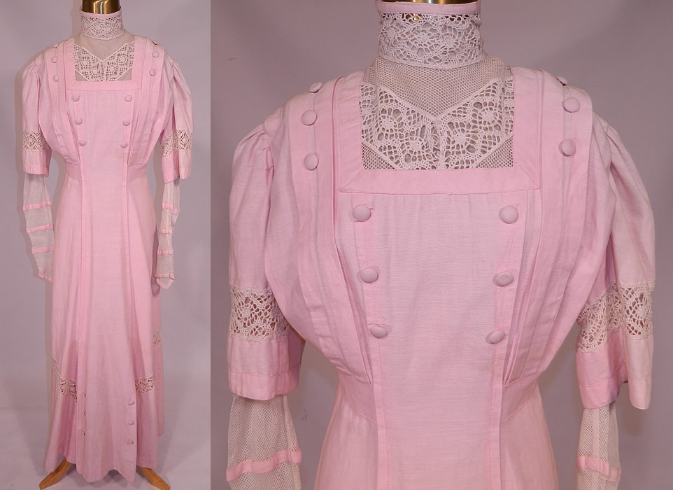 Edwardian Pink Linen White Lace Button Trim Tea Dress. 
This vintage Edwardian era pink linen white lace button trim dress dates from 1910. It is made of a pink pastel color fine quality linen fabric, with an off white crochet filet lace trim inserts and pink linen button trim accents.