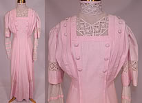 Edwardian Pink Linen White Lace Button Trim Tea Dress