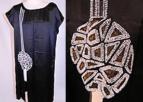 Vintage Art Deco Black Silk White Beaded Flapper Tunic Chemise Dress