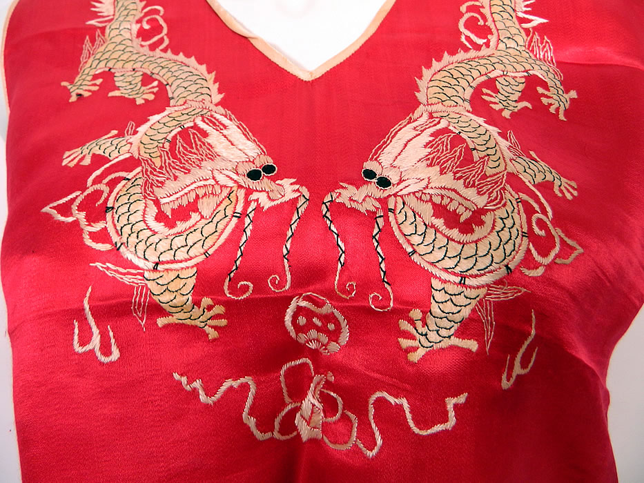 Vintage Red & White Silk Embroidered Asian Chinese Dragon Pajamas. 
The pants measure 40 inches long, with a 20 inch inseam, 40 inch hips and a 30 inch waist. 