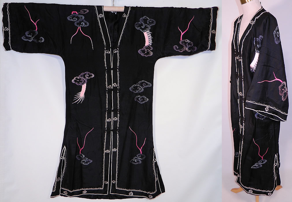 Edwardian Vintage Japanese Dragon Embroidered Black Silk Kimono Robe Coat
It is made of a black fine silk fabric, with colorful embroidery work and raised padded satin stitch dragons with smoke clouds.