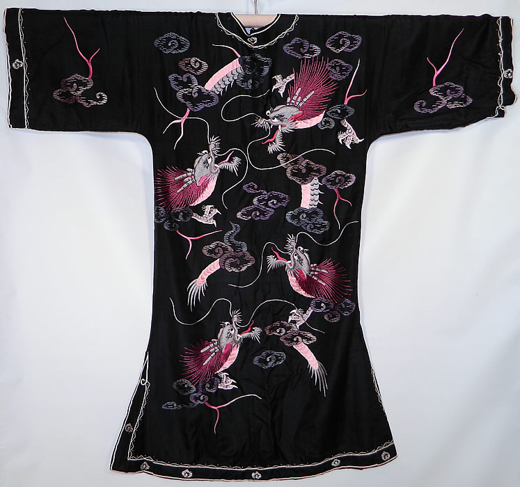 Edwardian Vintage Japanese Dragon Embroidered Black Silk Kimono Robe Coat
The robe measures 50 inches long, with 46 inch hips, a 46 inch waist, 46 inch bust and 24 inch sleeve cuff circumference. 