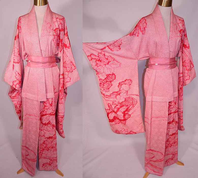 Vintage Japanese Geisha Red White Pink Silk Shibori Tie-Dye Obi Sash Belted Kimono
This vintage Japanese geisha red. white, pink silk shibori tie-dye obi sash belted kimono dates from the Showa Period 1950s.