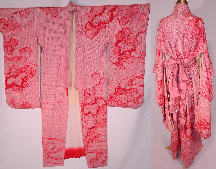 Vintage Japanese Geisha Red White Pink Silk Shibori Tie-Dye Obi Sash Belted Kimono
It is hand stitched, made of a red, white and pink silk shibori tie-dye fabric, with a kiri leaf floral design. 