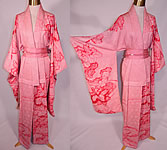 Vintage Japanese Geisha Red White Pink Silk Shibori Tie-Dye Obi Sash Belted Kimono