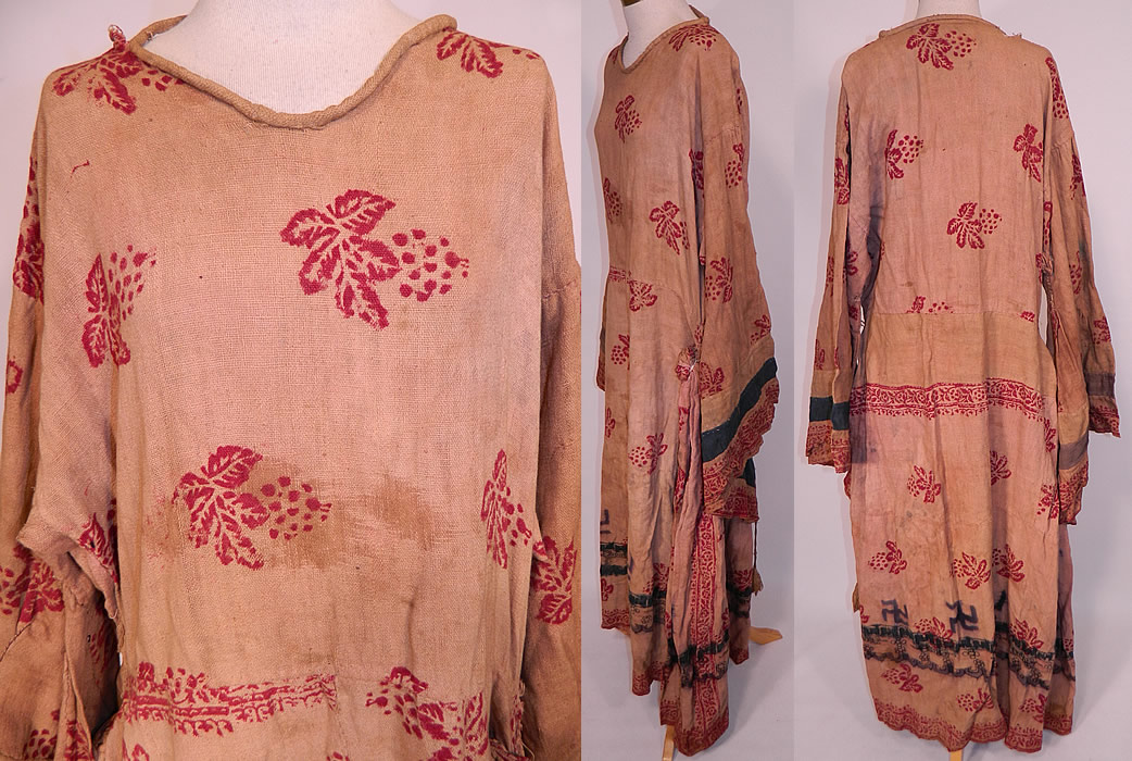 Antique 19th Century Nepalese Nepal Hindu Lakhe Mask Dance Dress Kimono Sleeve
The swastika design is widely used by Nepalese Buddhists, Jainism and in Hinduism where it is well recognized as an important Hindu symbol representing God and energy. 