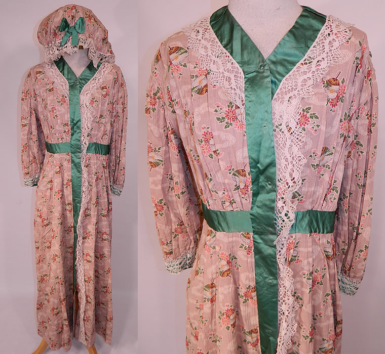 Edwardian Art Nouveau Japanese Floral Fan Print Dressing Gown Robe & Bed Cap Bonnet
This vintage Edwardian era Art Nouveau Japanese floral fan print dressing gown robe and bed cap bonnet dates from 1910. It is made of a pinkish beige blush color cotton muslin fabric, with a colorful Asian inspired Orientalism print pattern of Japanese hand screen fans with the rising sun and chrysanthemum flowers.