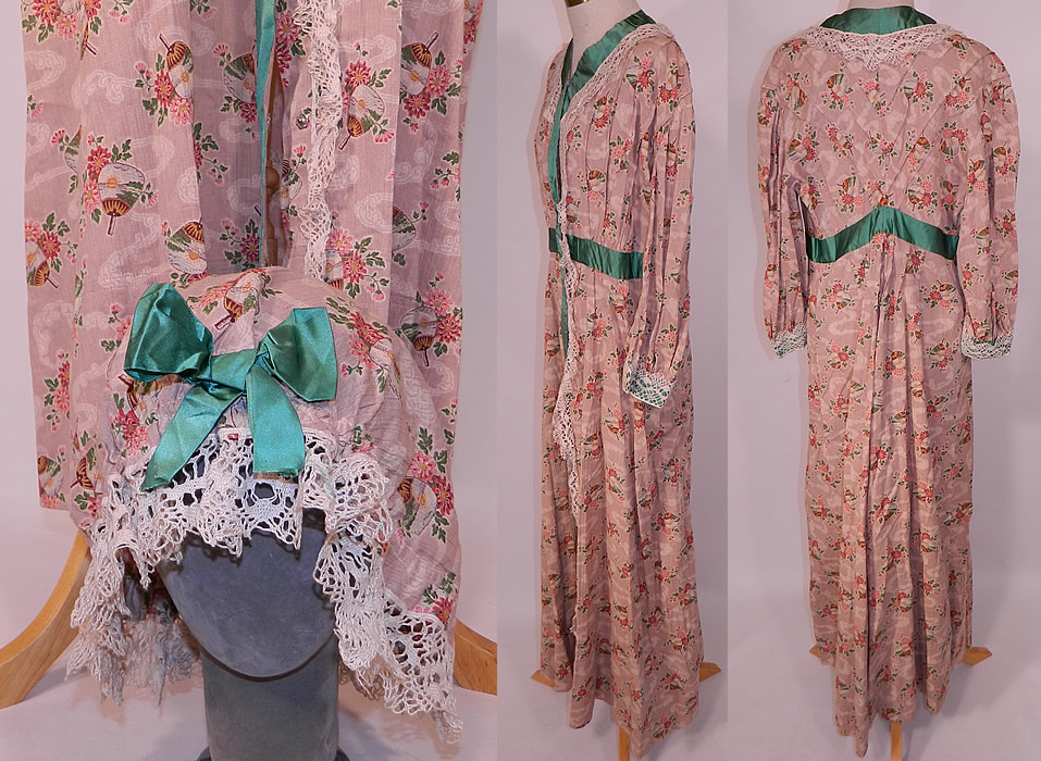 Edwardian Art Nouveau Japanese Floral Fan Print Dressing Gown Robe & Bed Cap Bonnet
There is green silk ribbon and white lace trim edging. This magnificent morning robe wrapper dressing gown is a long floor length, with long full sleeves, pleated details on the top, with a back drape skirt and snap closures down the front.