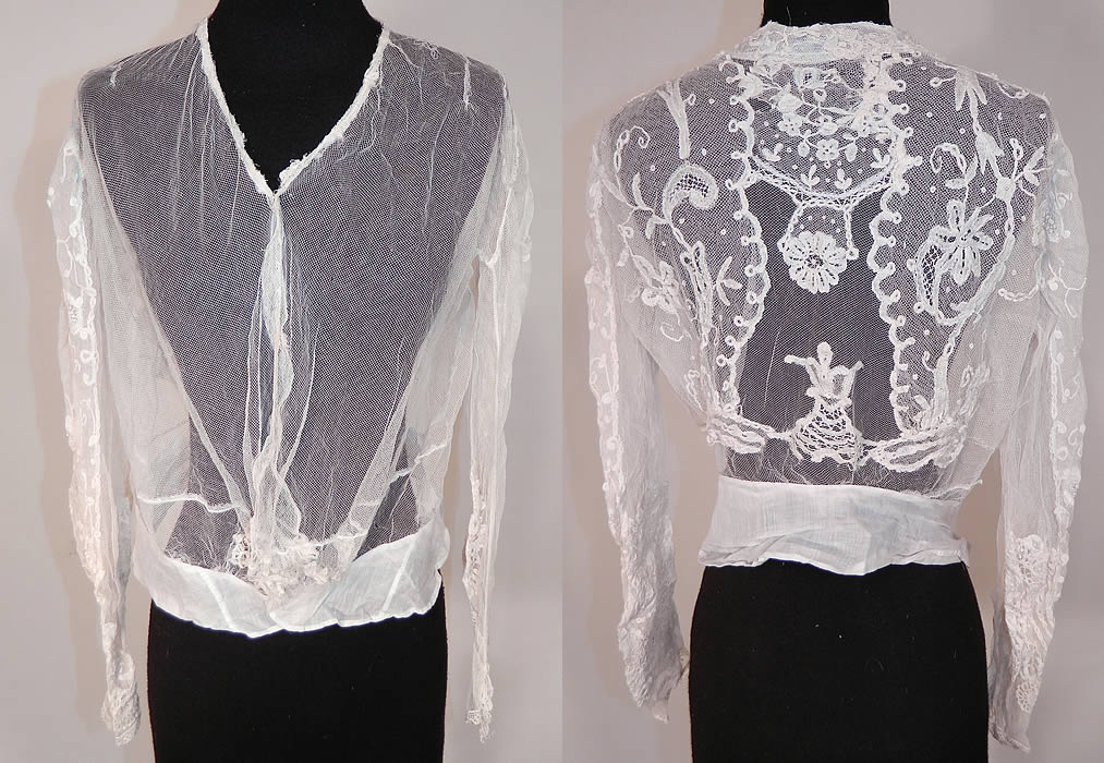 Vintage Edwardian White Net Princess Tape Lace Applique Embroidered Blouse
This vintage Edwardian era white net princess tape lace appliqu&eacute; embroidered blouse dates from 1915.