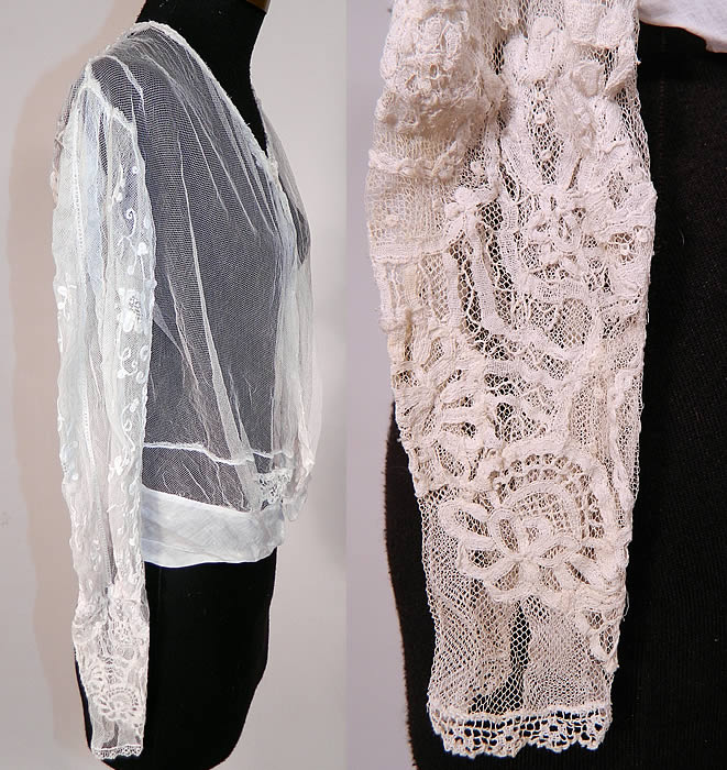 Vintage Edwardian White Net Princess Tape Lace Applique Embroidered Blouse
This lovely lace middy style blouse has a V front neckline, with snap closures down the front, long sleeves, a batiste lawn fabric skirted bottom and is sheer, unlined.