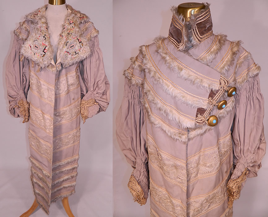 Edwardian Hetzel Importing Co Gray Wool White Mohair Lace Trim Winter Traveling Coat
This exquisite Edwardian era vintage Hetzel Importing Co gray wool white mohair lace trim winter traveling coat dates from 1910.
