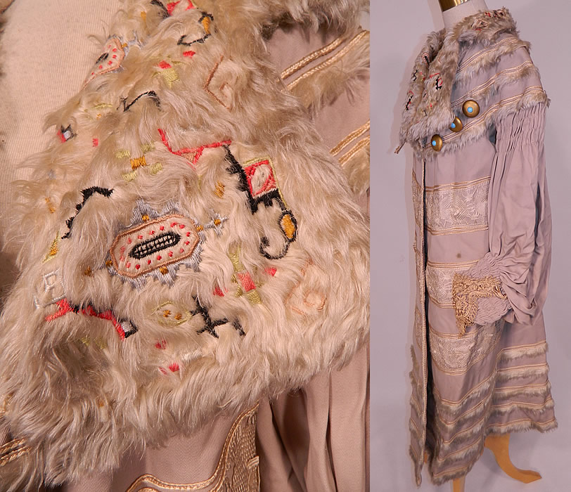Edwardian Hetzel Importing Co Gray Wool White Mohair Lace Trim Winter Traveling Coat
This wonderful winter high fashion traveling coat has a loose fitting, long floor length style, with a mohair wide lapel shawl collar, which can be folded up creating a high neck collar with 3 gold brass turquoise studded button closures, gathered smocking tucks around the shoulders, cuffs, long full billowing sleeves, a fitted back, hook closure on the front and is fully lined, with an inside pocket and "Hetzel Importing Co St. Louis" label sewn inside.