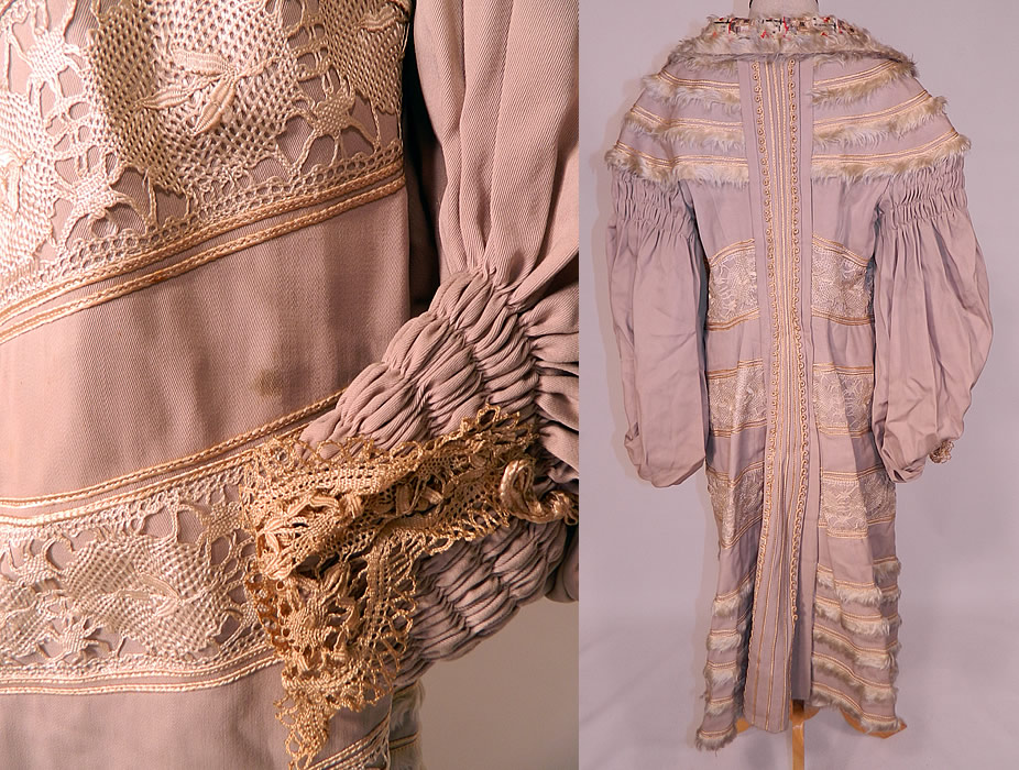 Edwardian Hetzel Importing Co Gray Wool White Mohair Lace Trim Winter Traveling Coat
It is in excellent condition, with only a tiny moth nip hole on one sleeve and a small faint stain on the front side (see close-up). This is truly an amazing, exceptional, quality made, rare piece of wearable antique textile art!
