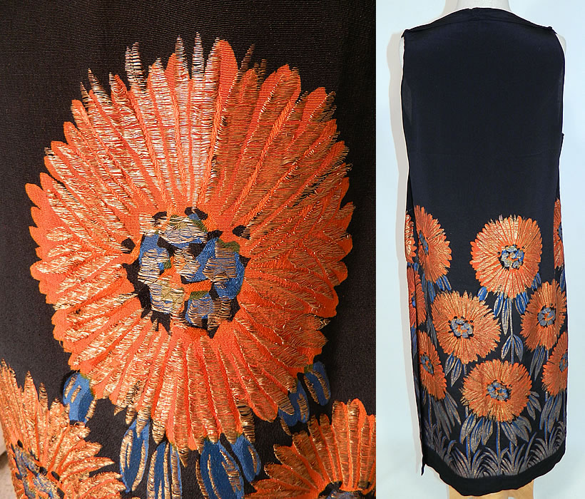 Vintage Art Deco Black Silk Gold Lam&eacute; Lame Orange Sunflower Flapper Dress
The dress measures 46 inches long, with 38 inch hips, a 38 inch waist and 38 inch bust.