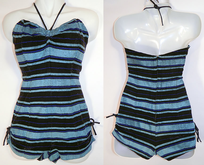 Vintage Web Foot Pinup Black & Turquoise Blue Striped Silver Glitter Knit Swimsuit
This vintage Web Foot pinup black and turquoise blue striped silver glitter knit swimsuit dates from the 1940s.
