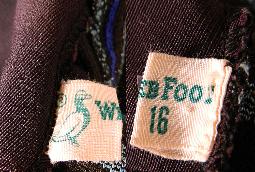 Vintage Web Foot Pinup Black & Turquoise Blue Striped Silver Glitter Knit Swimsuit
There is a "Web Foot" label and size 16 tag sewn inside. 