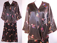 Vintage Black Silk Satin Flower Print Pajamas Robe Jacket Pants Lounge Set
