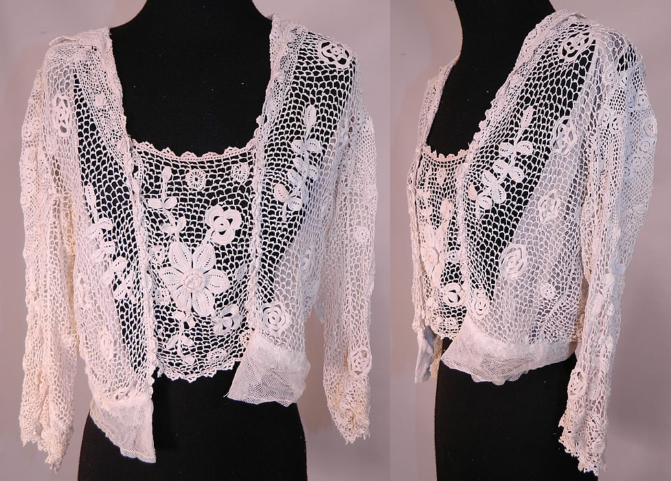 Edwardian White Irish Crochet Lace Middy Shirt Blouse
This antique Edwardian era white Irish crochet lace middy shirt blouse dates from 1915. It is made of a white Irish crochet lace with raised three dimensional flower, leaf designs, connecting thread picot ornamented bars and detailed meshwork.