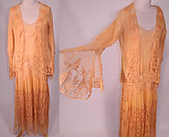 Vintage Peach Net Battenburg Lace Drop Waist Dress Silk Slip & Jacket Outfit