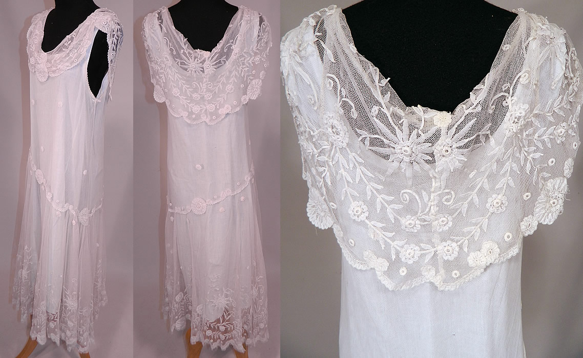 Vintage White Net Princess Tape Lace Applique Embroidered Drop Waist Dress & Slip
The slip measures 41 inches long, with 44 inch hips, a 38 inch waist and 34 inch bust. It is in excellent clean condition. This is truly an exquisite piece of wearable lace art!