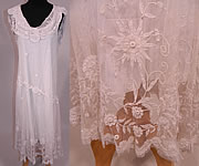 Vintage White Net Princess Tape Lace Applique Embroidered Drop Waist Dress & Slip