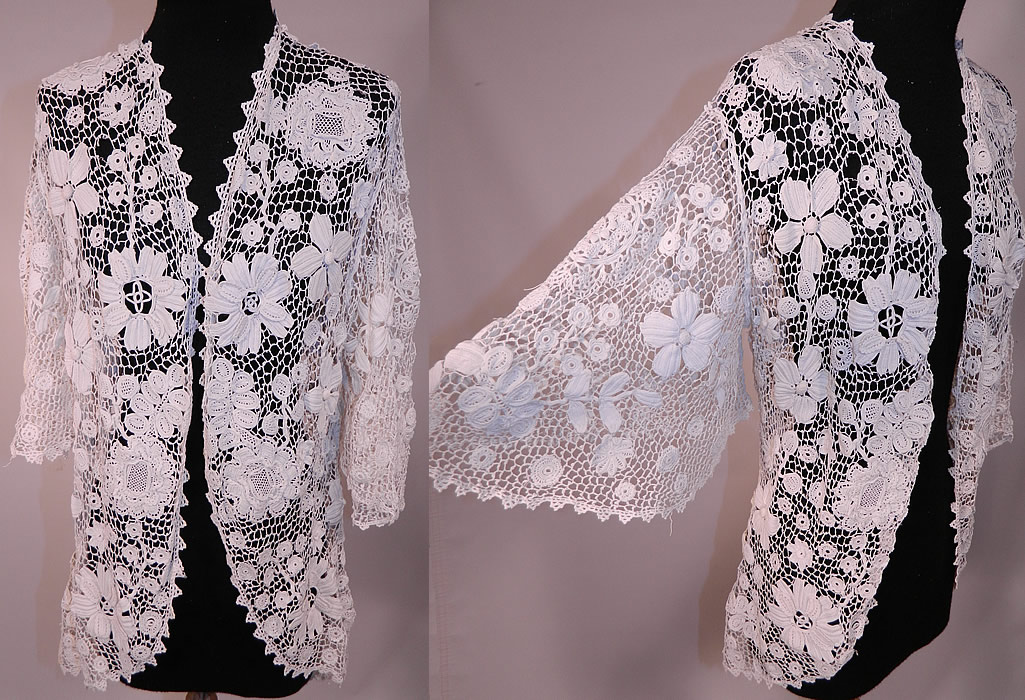 intage Edwardian Antique White Irish Crochet Tape Lace Tail Coat Jacket Bell Sleeve
This exquisite vintage Edwardian era antique white Irish crochet tape lace tail coat jacket bell sleeve dates from 1910. It is made of a white Irish crochet lace with raised three dimensional flower, leaf designs, connecting thread picot ornamented bars and detailed meshwork