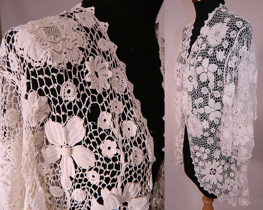 intage Edwardian Antique White Irish Crochet Tape Lace Tail Coat Jacket Bell Sleeve
The coat measures 30 inches long, with 36 inch hips, a 34 inch waist, 36 inch bust and 15 inch back. It is in good condition, with only a small hole, break in the lace on the front top (see close-up).