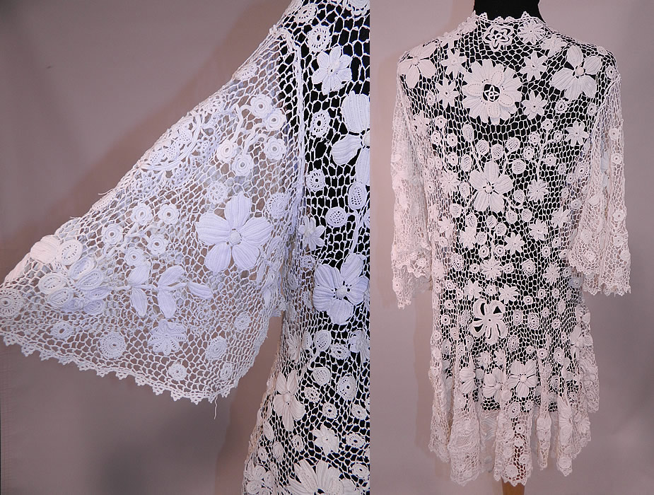 intage Edwardian Antique White Irish Crochet Tape Lace Tail Coat Jacket Bell Sleeve
This lovely lace tail coat jacket is a long mid length, loose fitting with a cutaway bottom front, longer tail back, 3/4 length full sleeves with a wide flared bell cuff, scalloped edge trim open front with no closure and is sheer, totally unlined. 